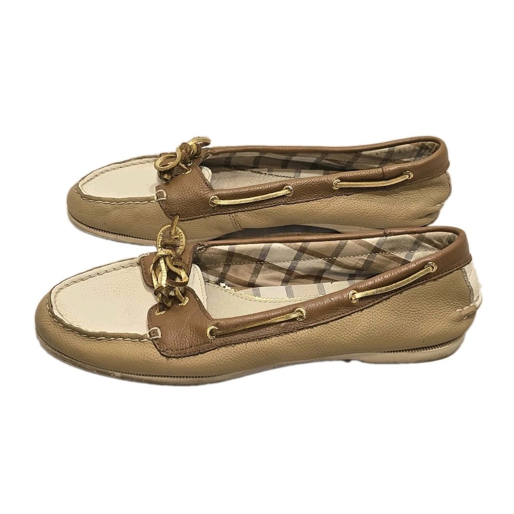 Sperry Top-Sider Boat Shoes Women's 10M Tan Cream Leather Plaid Lining - Picture 3 of 8